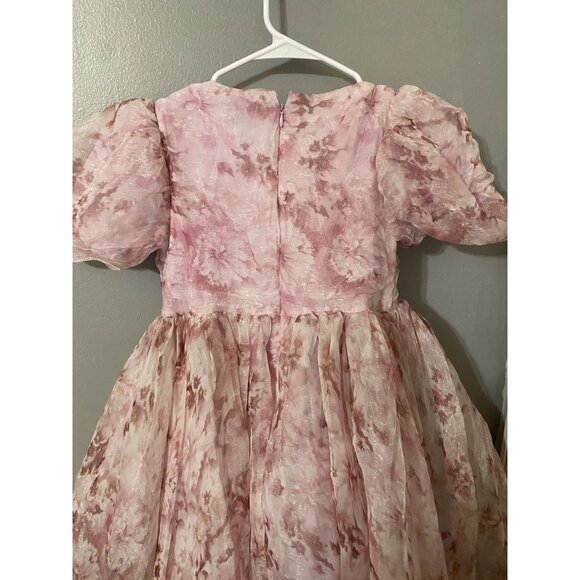 Pink Floral Bardot Junior Girls Dress Size 16 With Puff Sleeves & Back Zipper - Picture 6 of 6